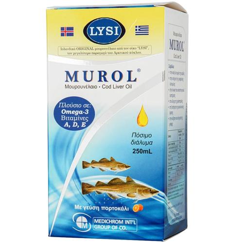 Medichrom Lysi Murol Cod Liver Oil Oral Solution Συμπλήρωμα Διατροφής με Μουρουνέλαιο Πλούσιο σε Ωμέγα-3 Λιπαρά για την Ομαλή Λειτουργία του Οργανισμού με Γεύση Πορτοκάλι 250ml